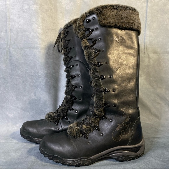 The North Face Tall Lace Up Leather Faux Fur Lined Black Women's Boots Sz 7.5 - Picture 1 of 8
